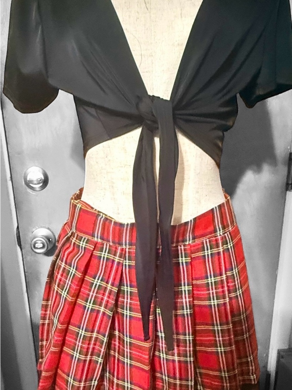 Music Legs Red Plaid A-Line Pleated Mini Skirt and Black Tie Shirt and Socks